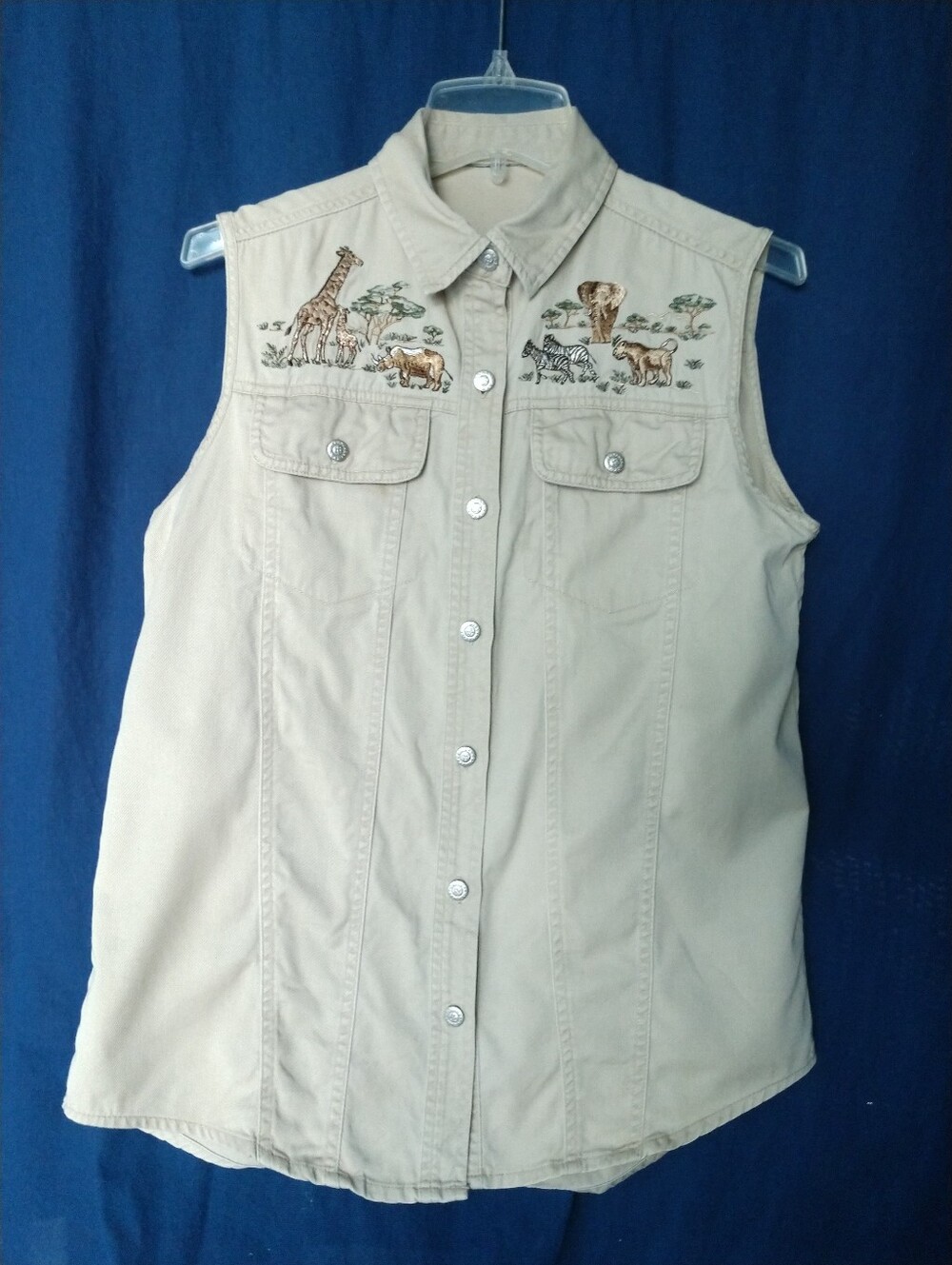 Cute Embroidered Safari Animals Sleeveless Beige Denim Shirt Top Medium Chest 38